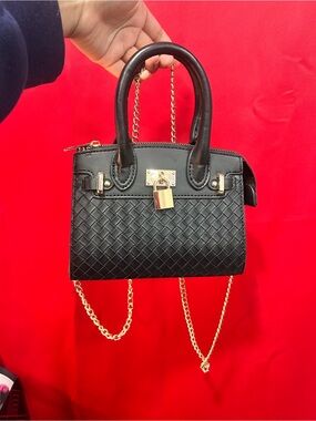 Black Woven Leatherette Top-Handle Satchel with Gold Hardware